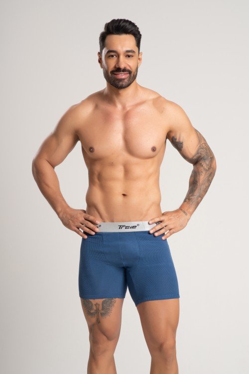 Cueca Boxer Long Fibra de Bambu Canelado Azul Médio