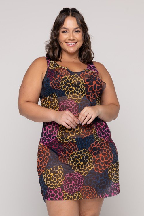 Vestido Regatão de Tule Estampa Jardim Noturno