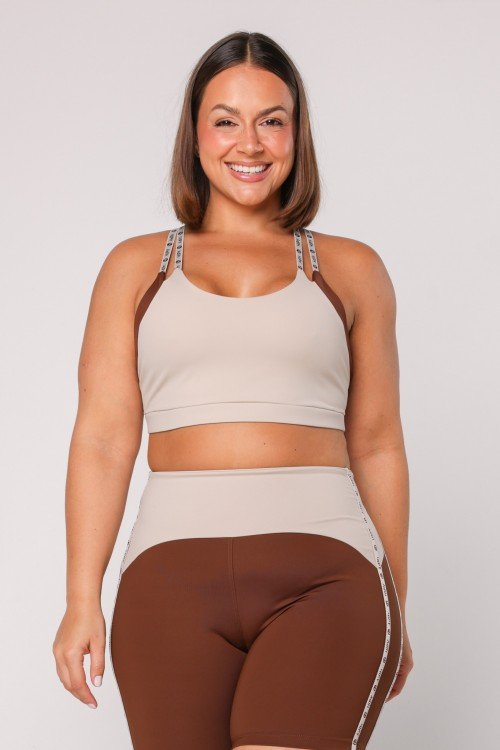 TOP FITNESS BICOLOR ALÇA DUPLA TAPIOCA