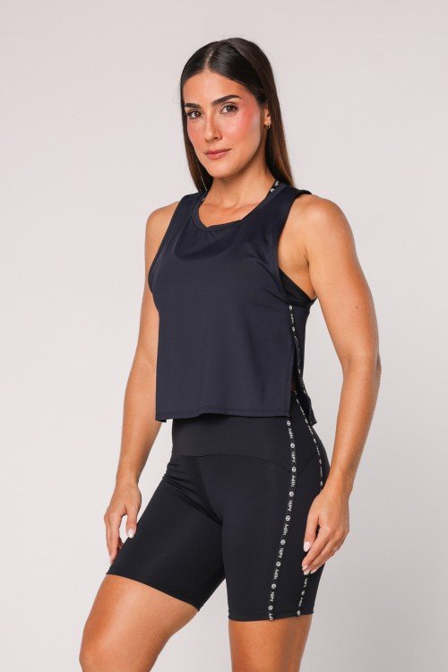 Regata com Detalhe Lateral em Elástico Personalizado Preto