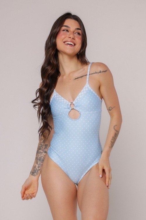 Body Maiô com Argola no Decote Poá Azul