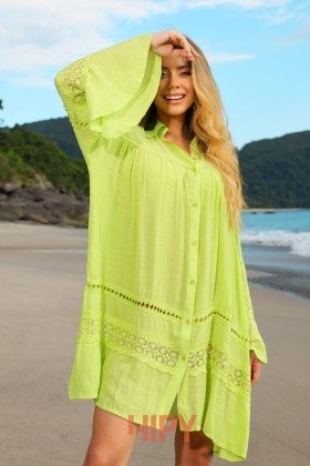 Saída de praia Chemise com detalhes Em Renda Verde Lima