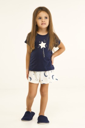 Pijama Infantil Feminino Manga Curta Azul Marinho