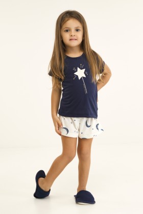 Pijama Infantil Feminino Manga Curta Azul Marinho